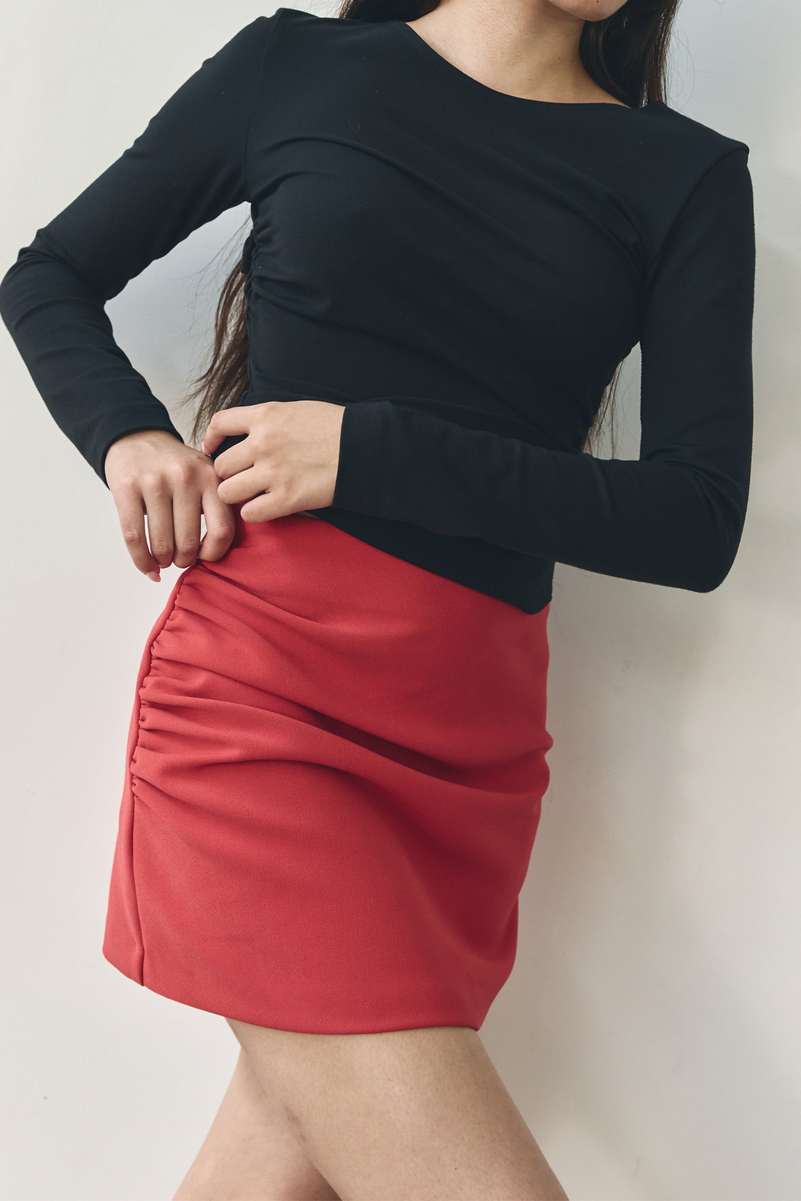 Ruched Mini Skirt in Rouge