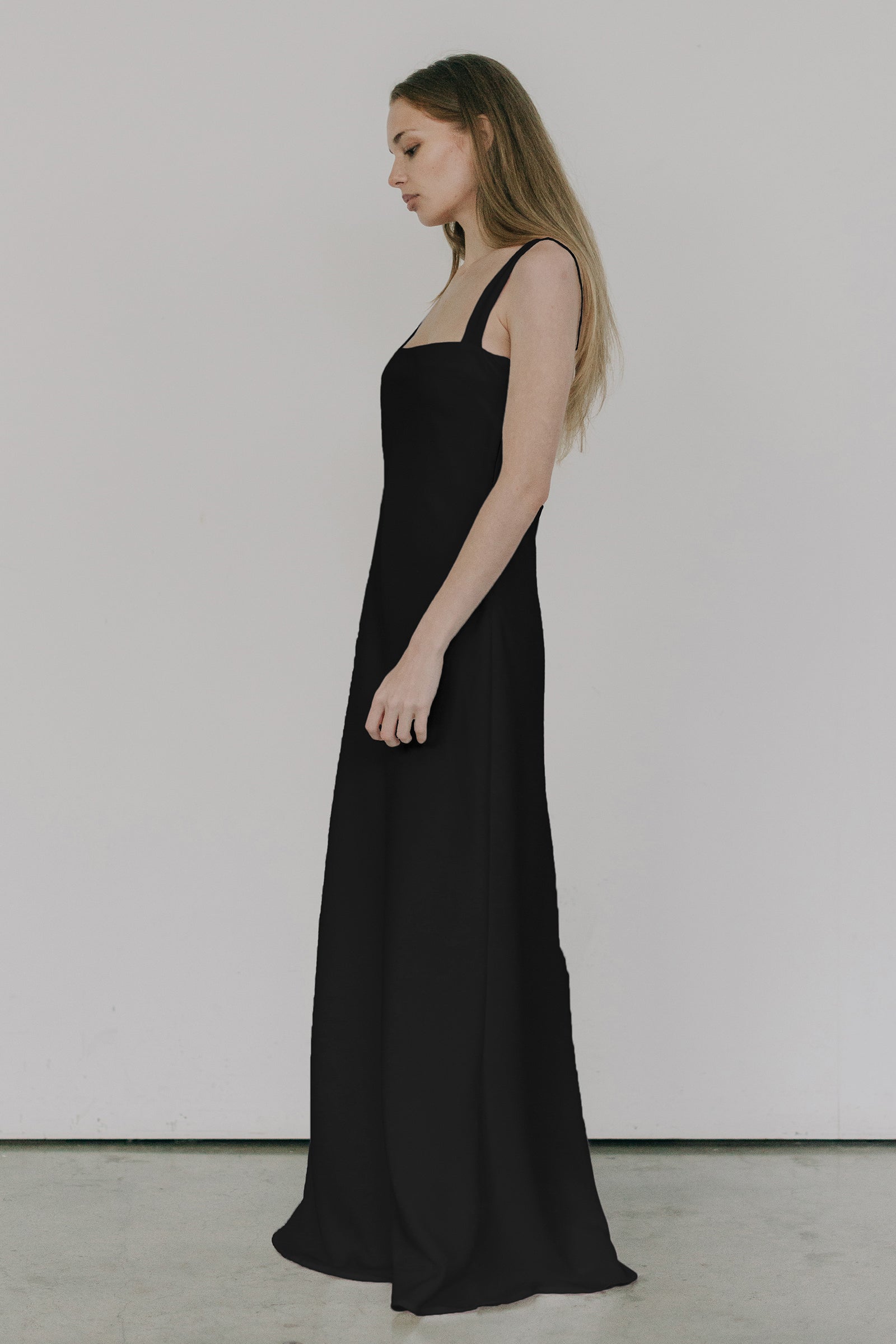 Sculpted Long Slip Dress in Black