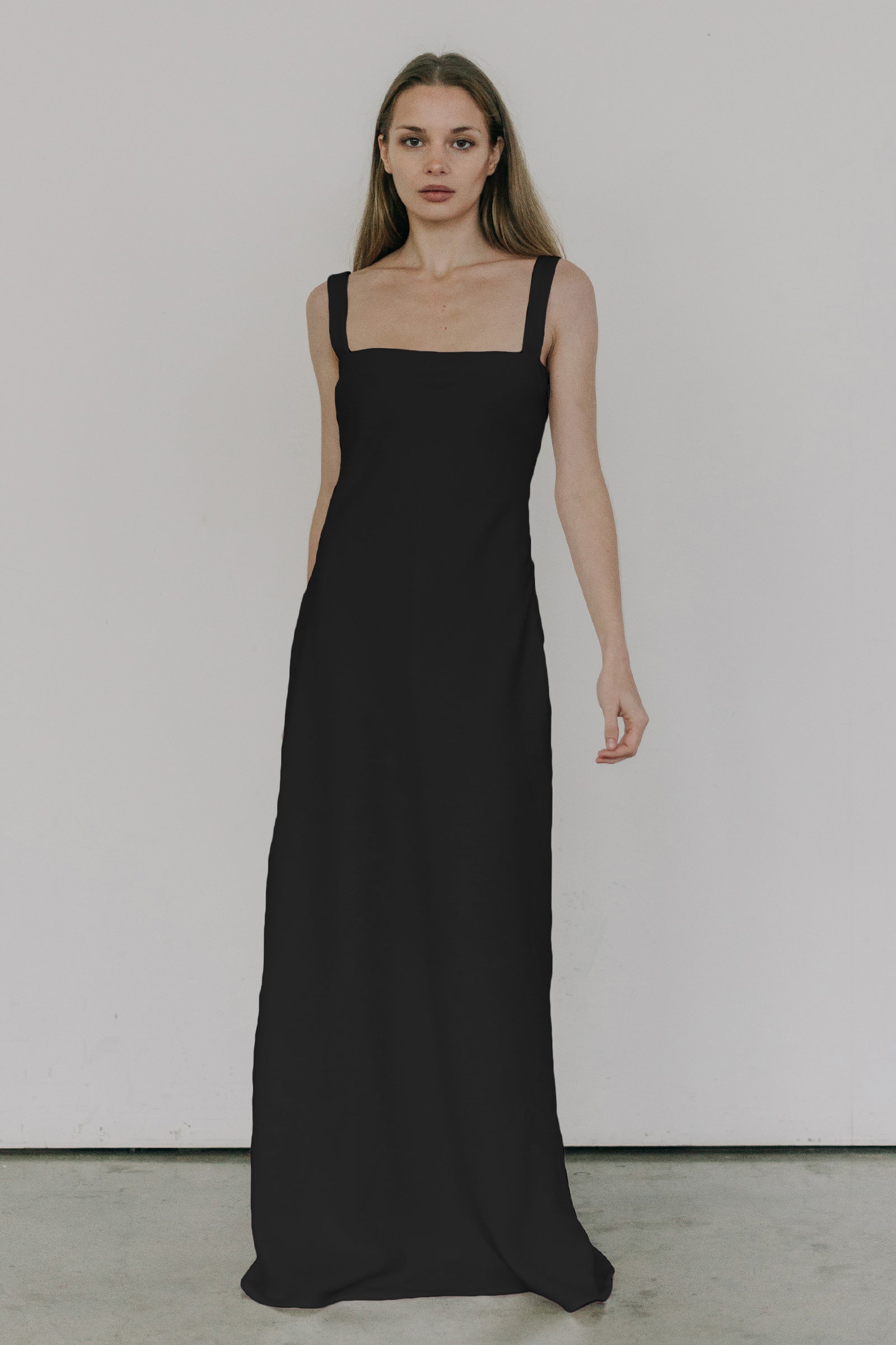 Sculpted Long Slip Dress in Black