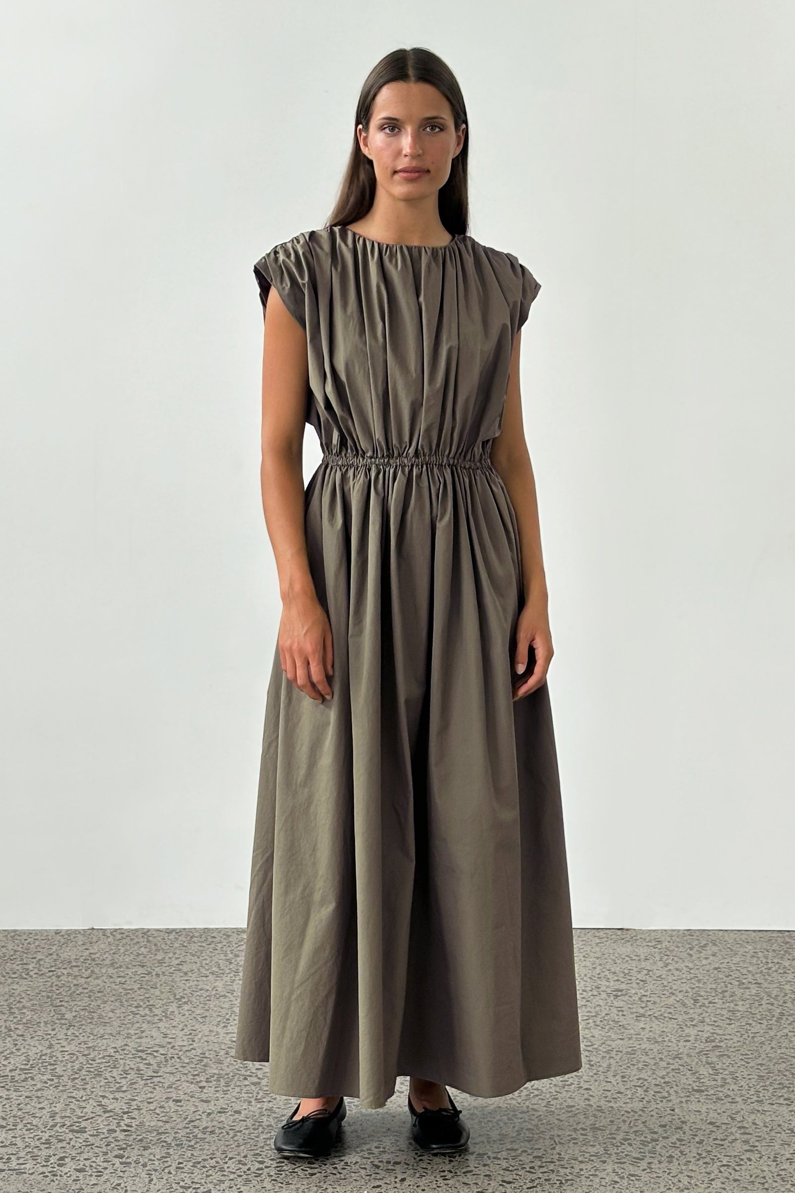 Vienna Gathered Dress in Khaki
