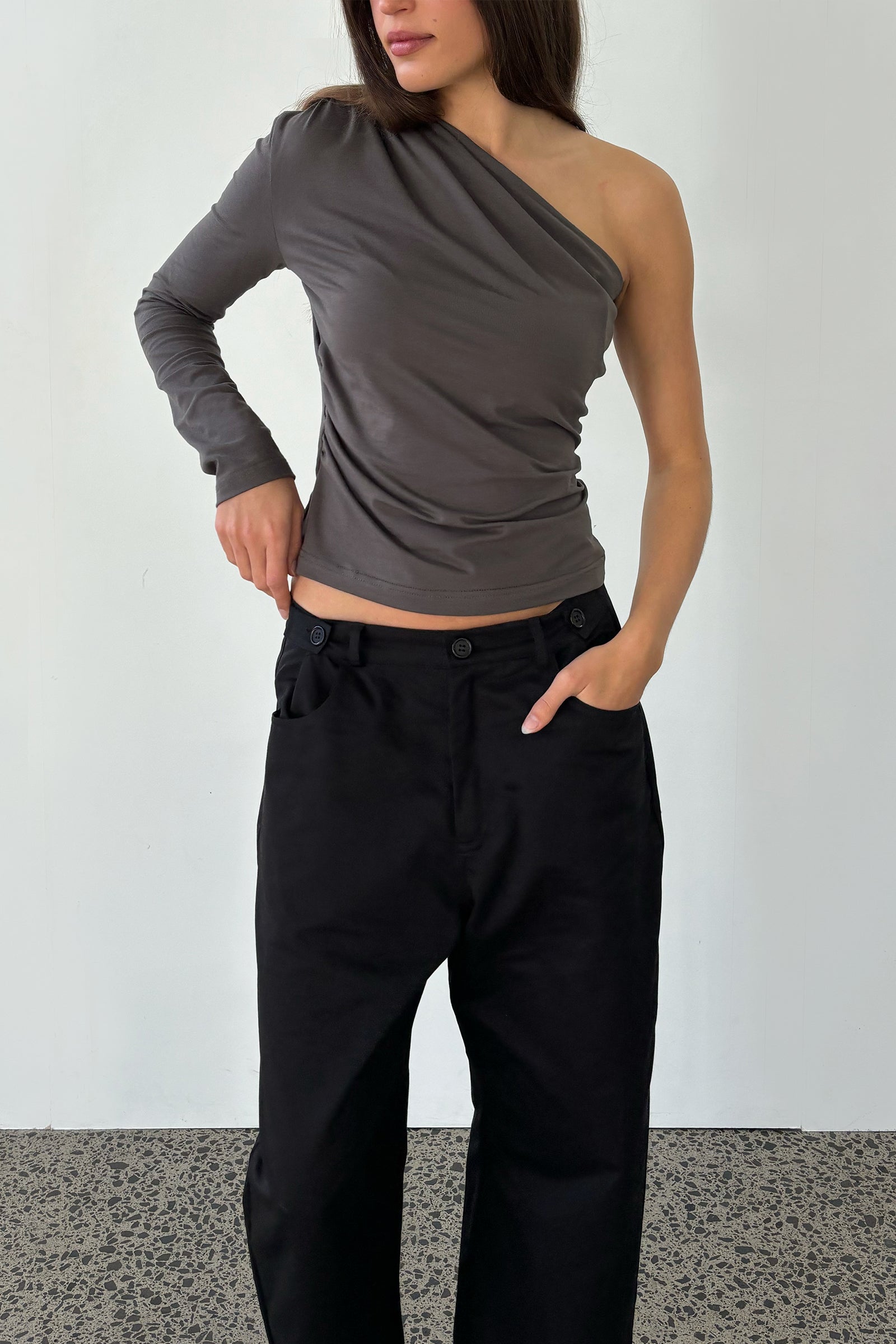 (Sale) Asymmetric Warp LS Top in Charcoal