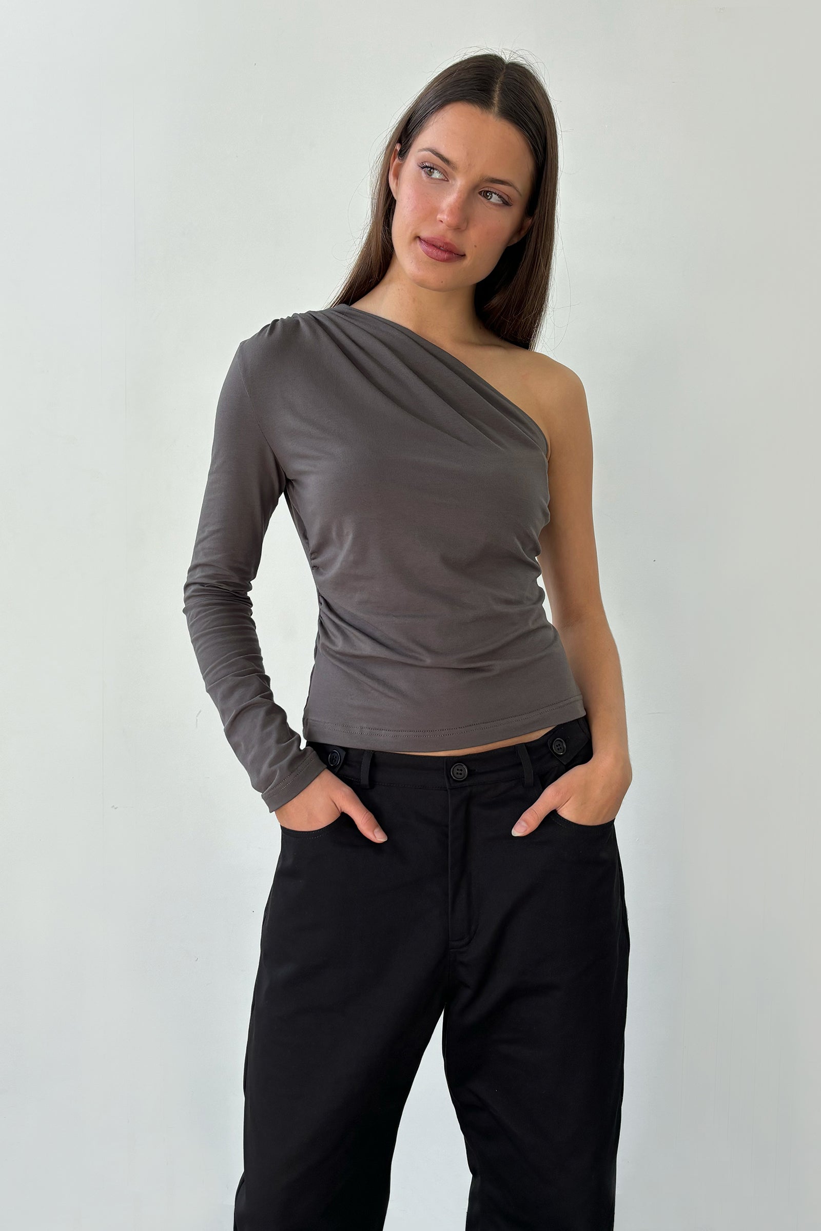 (Sale) Asymmetric Warp LS Top in Charcoal