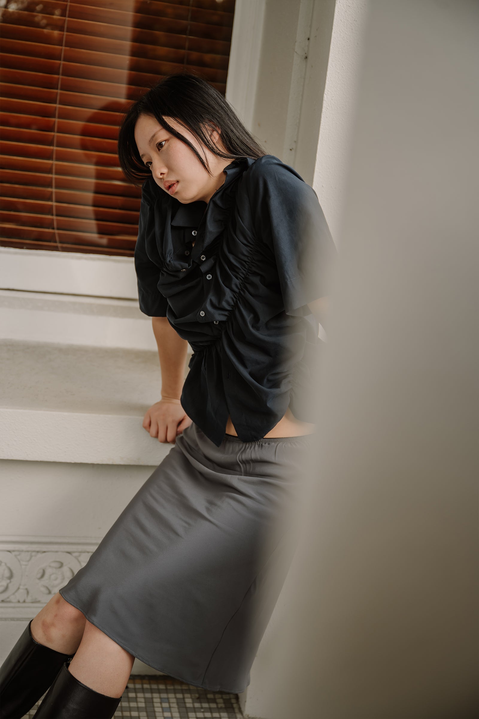 Gathered SS Shirt in Midnight