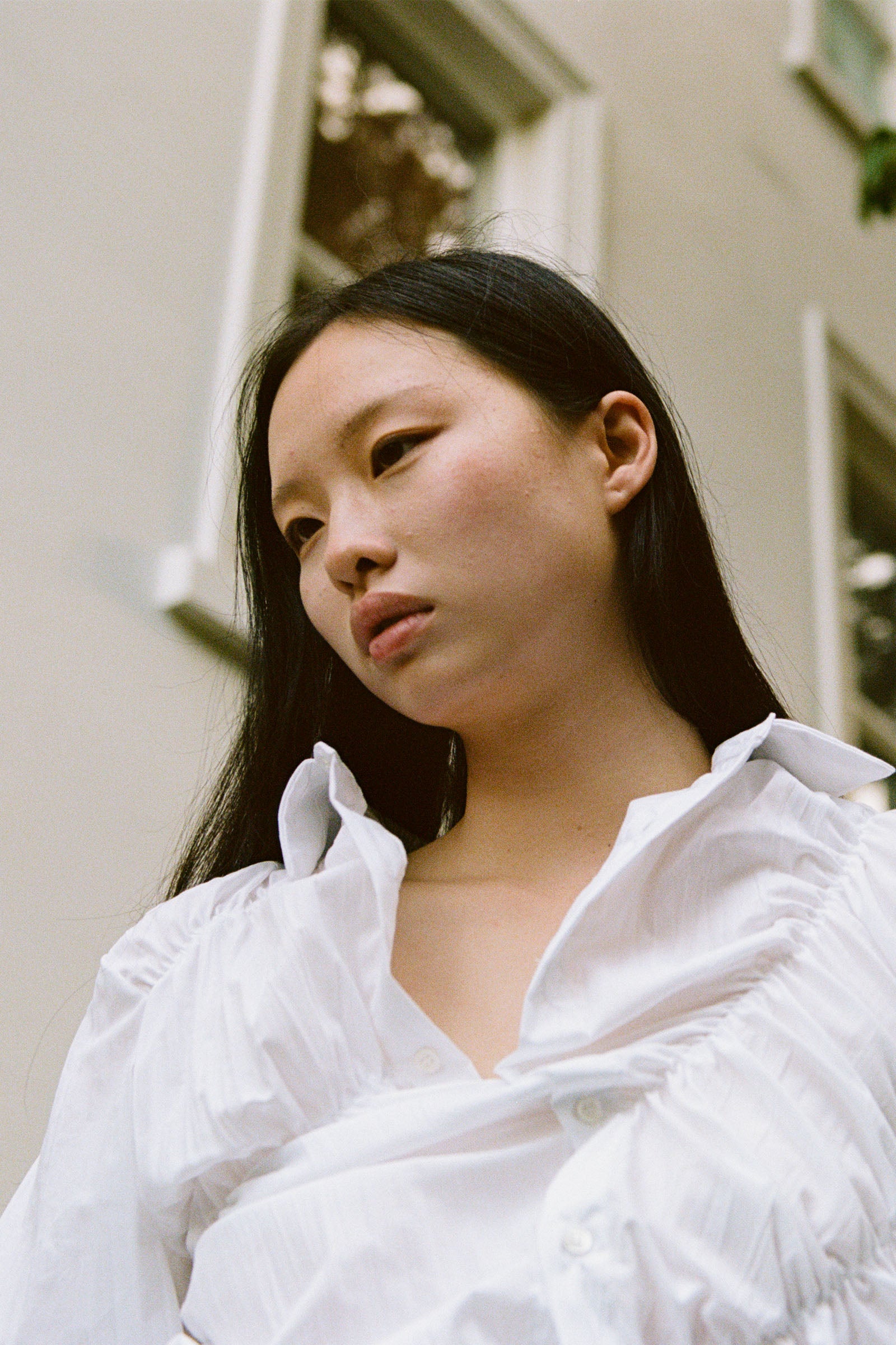 Gathered LS Shirt in Crinkle White