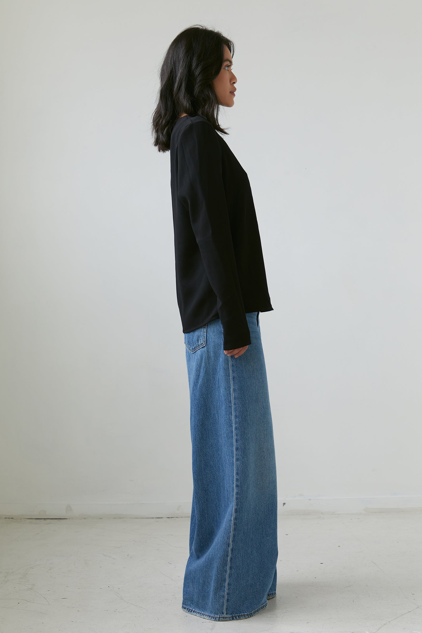 Universal LS Blouse in Black Satin