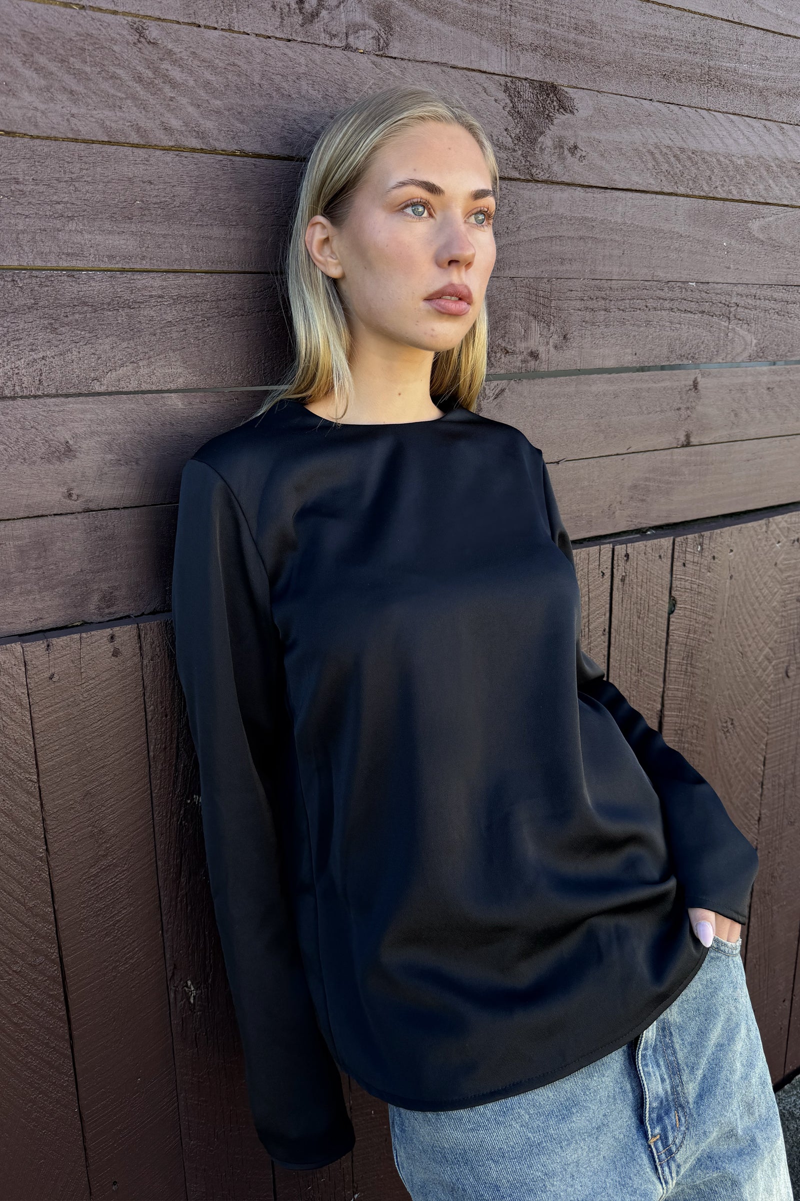 Universal LS Blouse in Black Satin