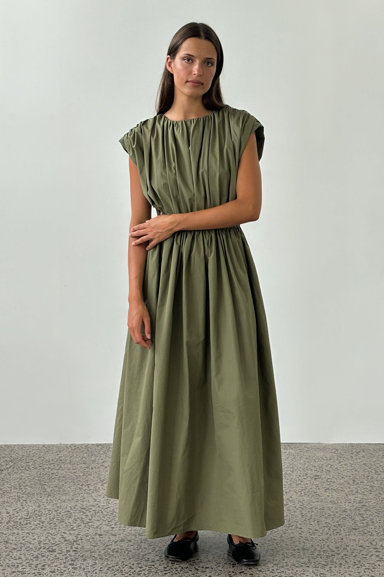 Vienna Gathered Dress in Olive